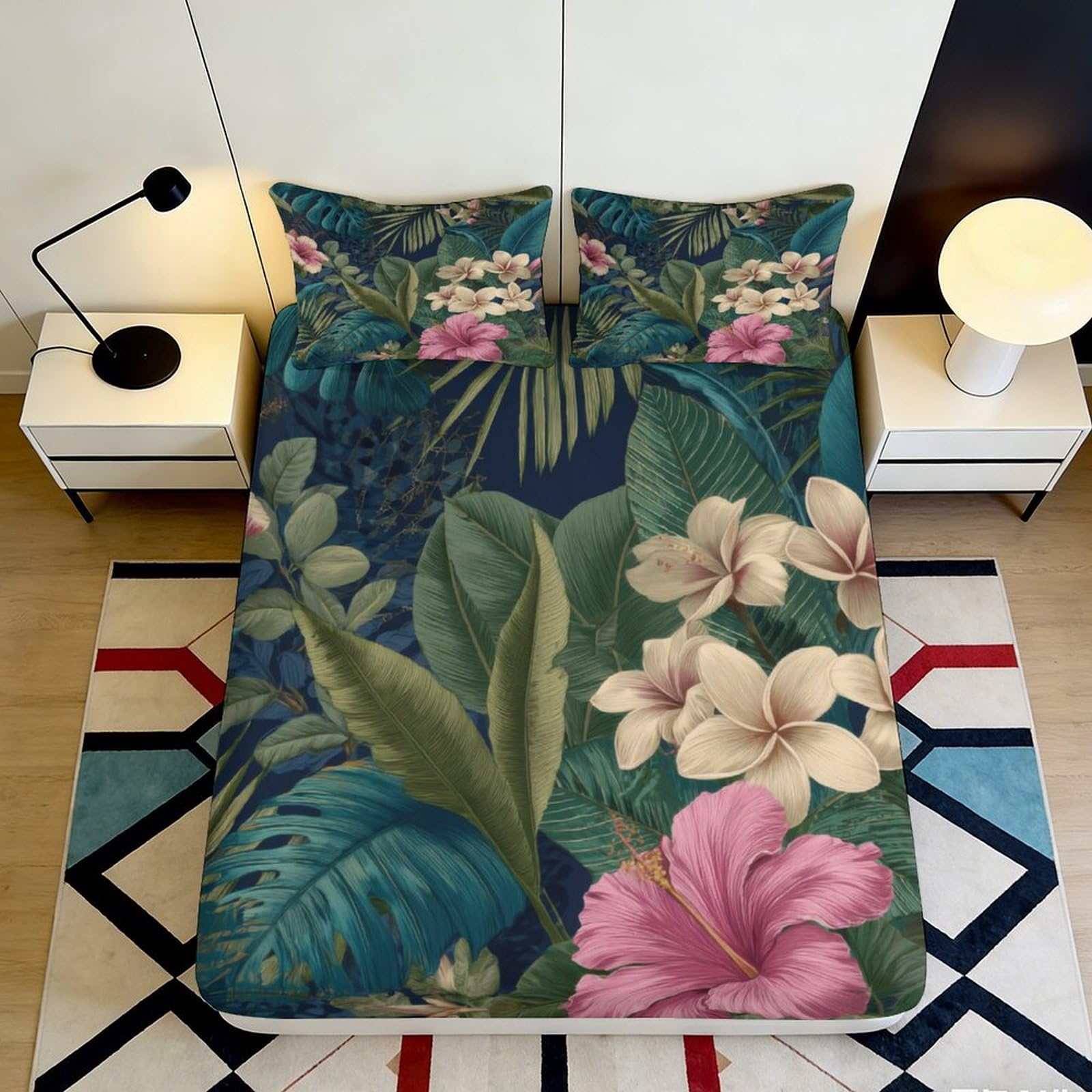 3D Printed Tropical Leaves Fitted Sheet Microfiber Soft Breathable Floral Jungle Mattress Cover for Bedroom Dorm Decor 160x200x25cm