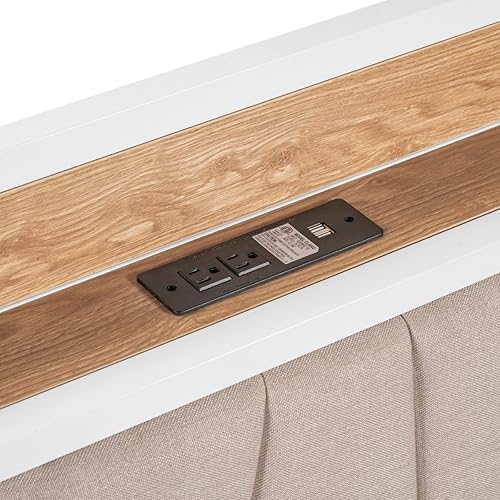 Miniatura 4 de Cama de plataforma de metal resistente tamaño Queen con nido tamaño individual y cabecera tapizada, enchufes, puertos USB, no necesita somier, color