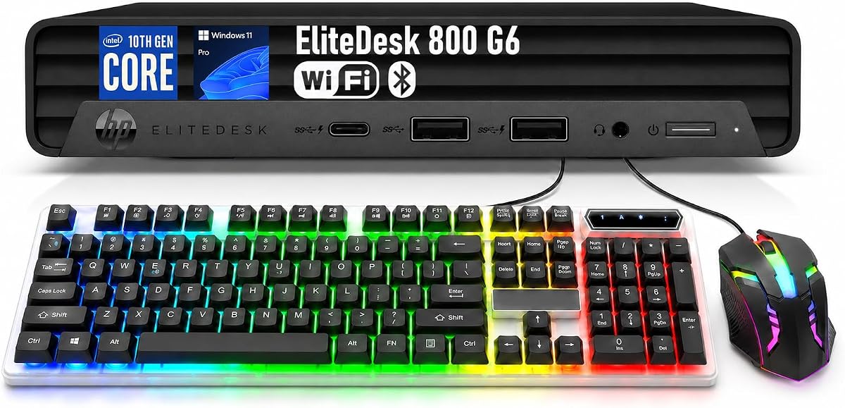 Computadora de escritorio HP EliteDesk 800 G6 Mini Business, Intel Core i5-10500T de 6 núcleos, 8 GB DDR4 RAM, 256 GB SSD, teclado y mouse, soporte 4K, WiFi, Bluetooth, Windows 11 Pro (renovado)