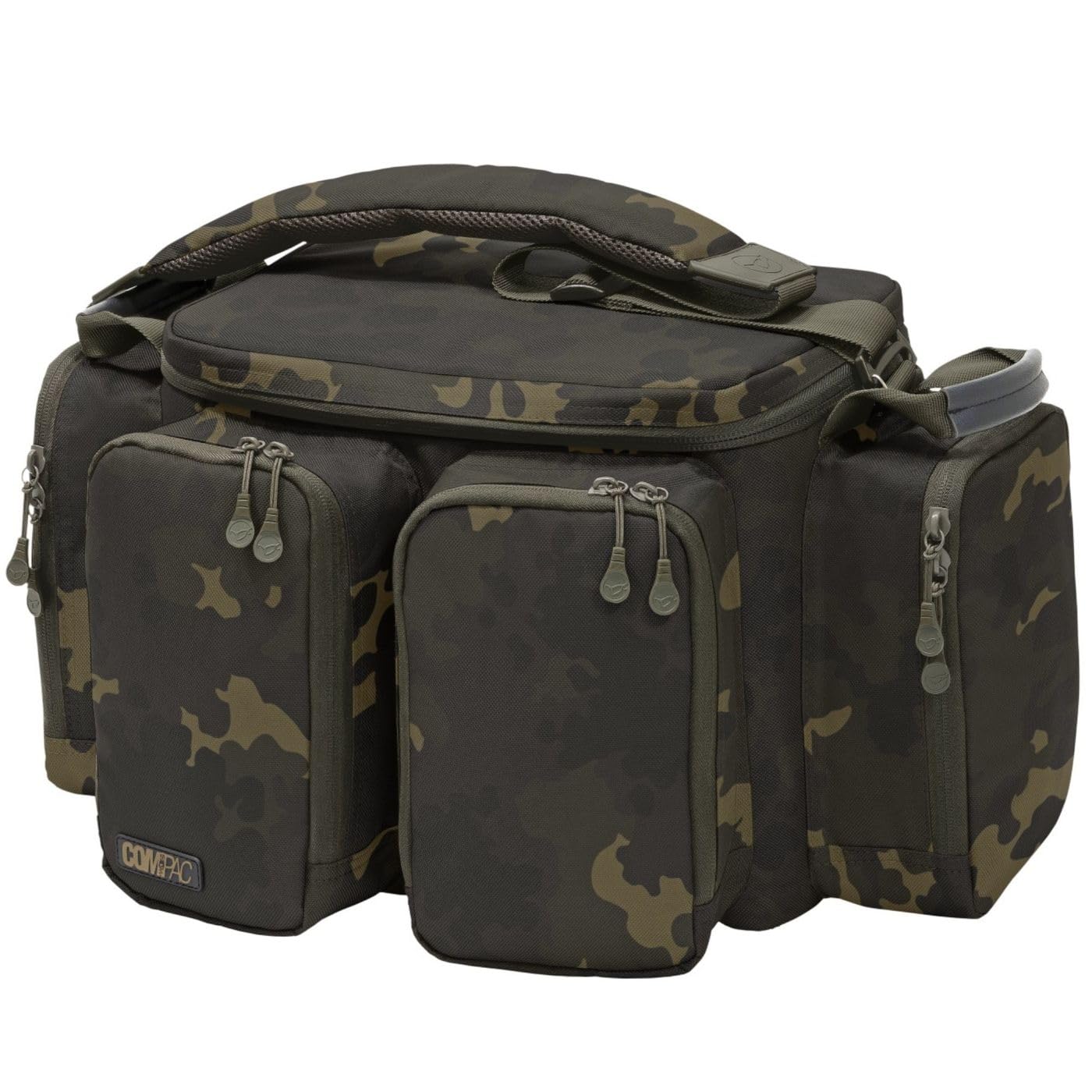 Korda Compac Small Carryall Dark Kamo, Compact Size, Durable Water-Resistant Fabric, Reinforced Waterproof Base, 5 External Pockets, Firm Lid for Bivvy Table, Removable Shoulder Strap, Heavy-Duty Zips