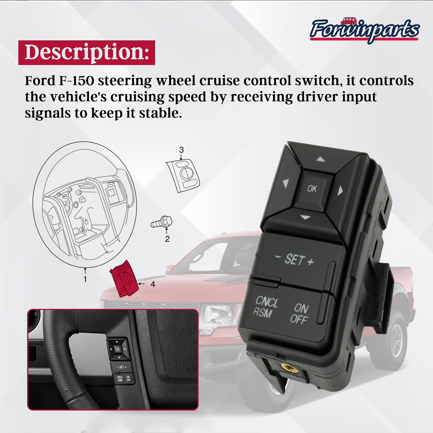 Forwinparts SW6836 CCA1399 Steering Wheel Switch Cruise Control Switch Left for 2011 2012 2013 2014 Ford F150 Replace# BL3Z-9C888-AA