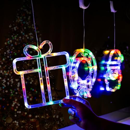 Miniatura 7 de LOLStar Decoraciones de Navidad, paquete de 3 coronas, caja de regalo, luces de ventana de Navidad de Papá Noel con ventosas, luces de Navidad que