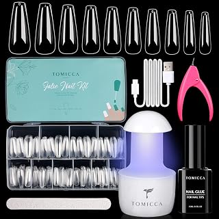 TOMICCA American Nail Kit, 500pcs Long Transparent Nail Press with Ultra Portable Led Nail Lamp and 15ml Nail Adhesive for Acrylic Nail Extension Nail Art DIY