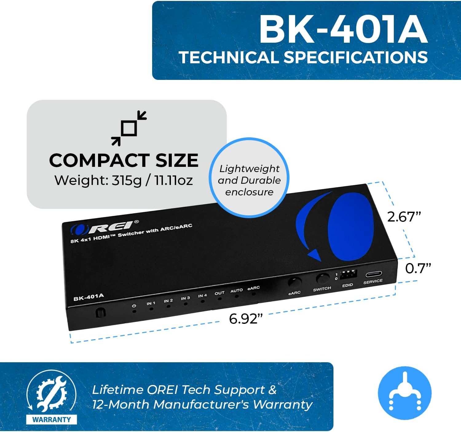 OREI 8K eARC HDMI 2.1 Switch 4x1, Switcher with Audio Extractor UltraHD Supports Upto 4K @ 120Hz PS5, Xbox, Gaming, Remote Contorl IR EDID HDCP 2.3 - Optical Out, L/R Headphones (BK-401ARC) - Image 5