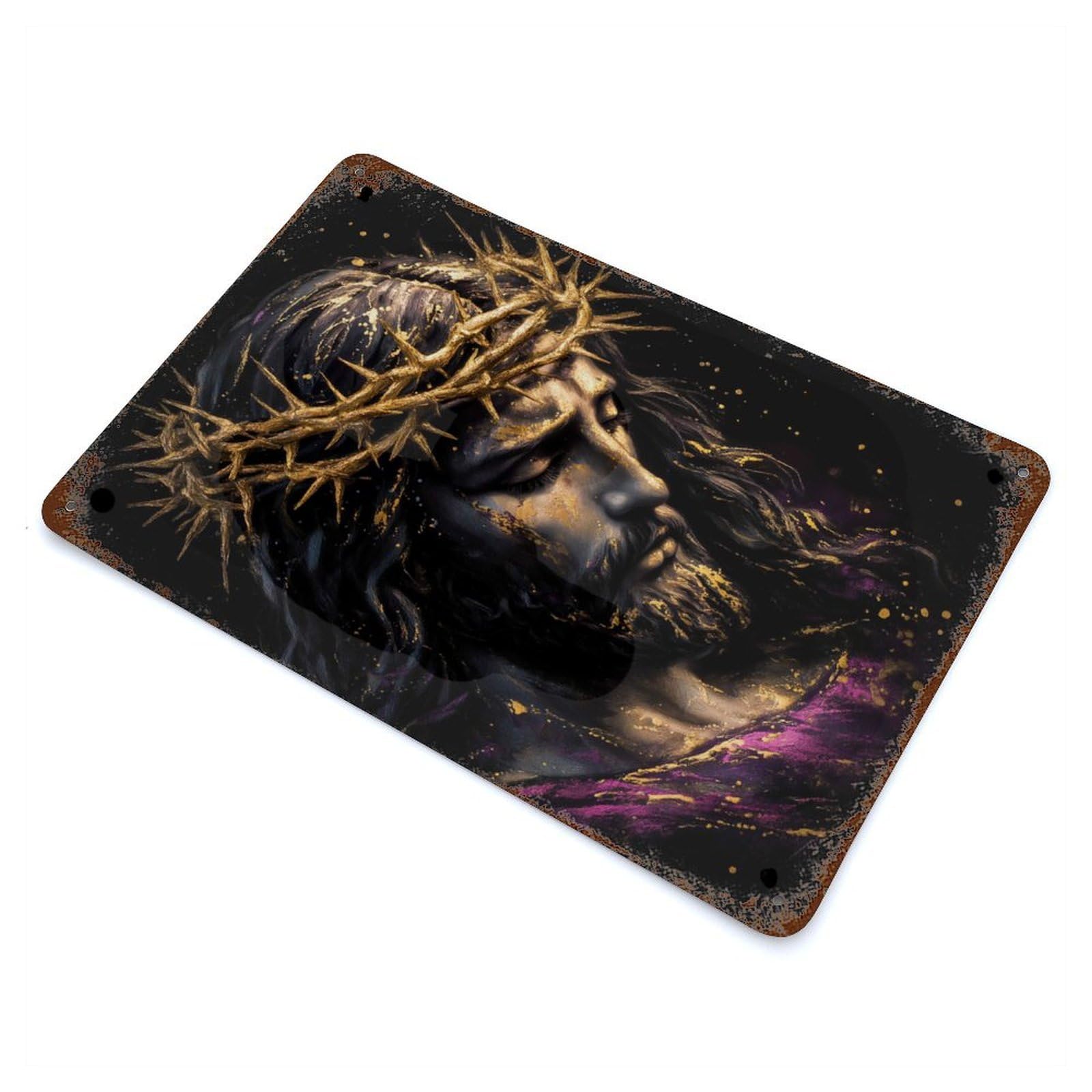 Distressed Metal Wall Sign Purple Cloth And Crown of Thorns 11.8"x7.9", Vintage Wall Decor for Cafe, Home Bar And Lounge Decor