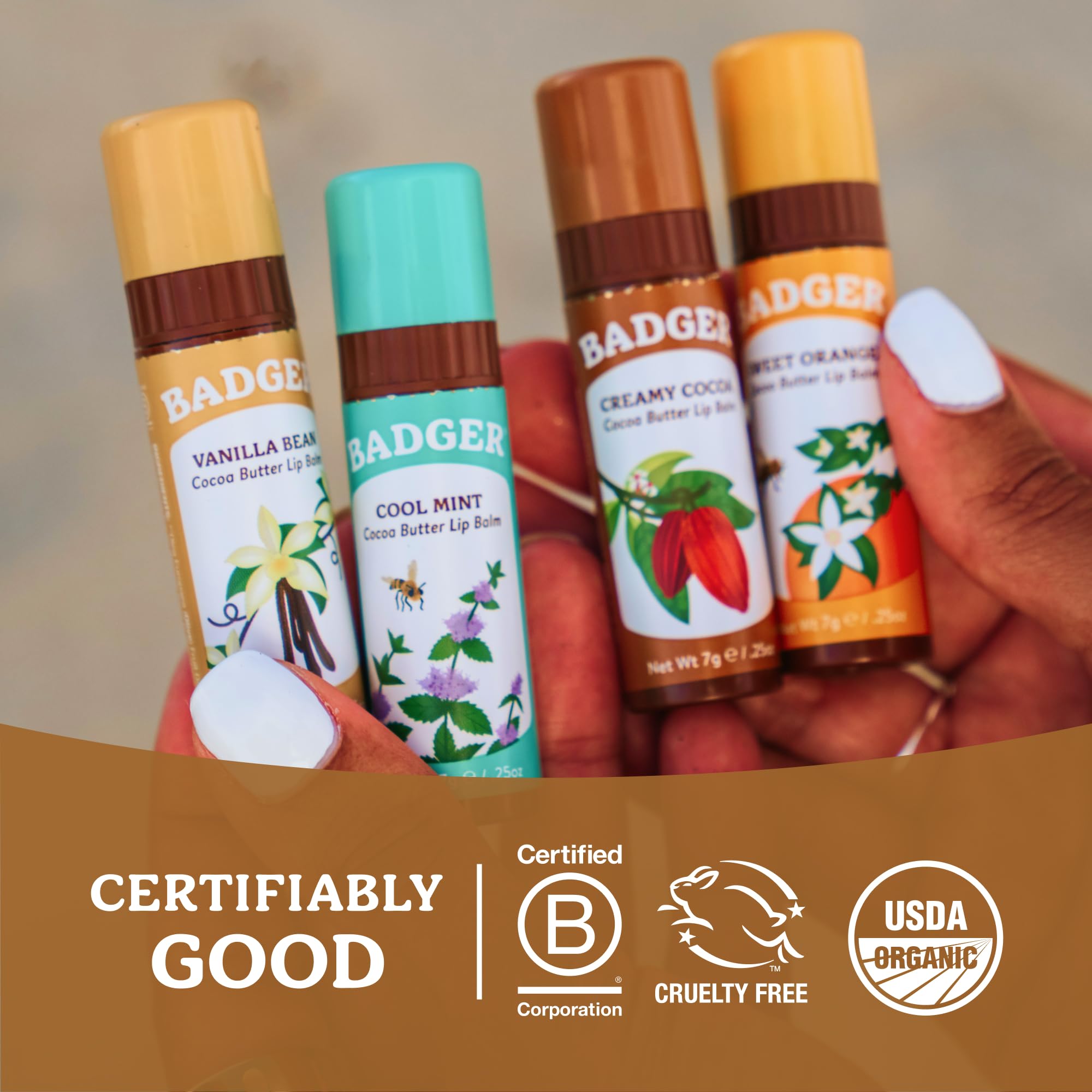 Badger Cocoa Butter Lip Balm Set, 100% Organic, Long Lasting Lip Moisturizers, Lip Care Variety Pack (Cocoa, Orange, Mint & Vanilla), All Natural Lip Balms, 4-pack