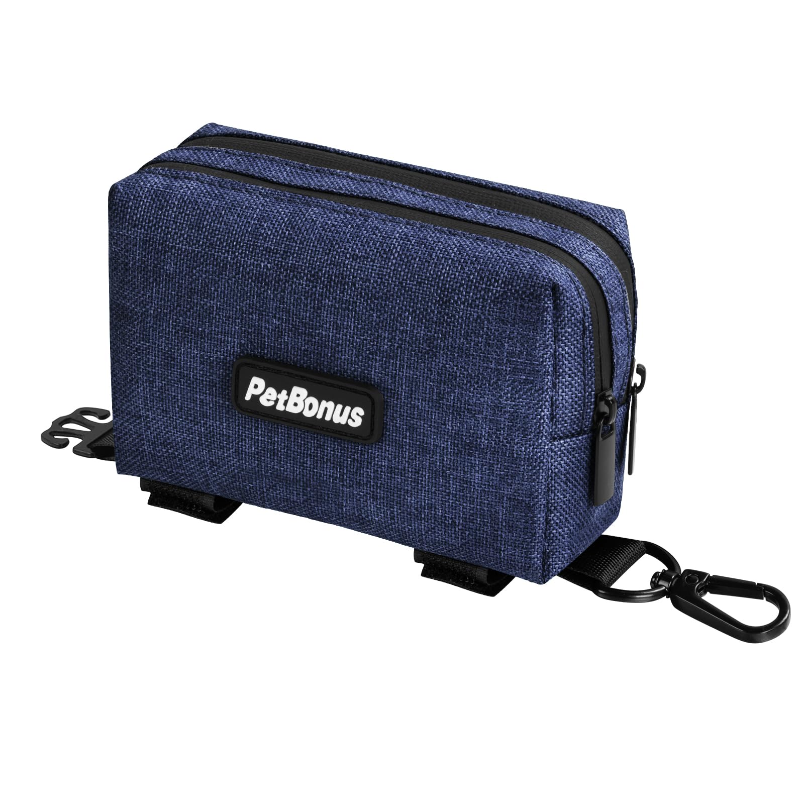 PetBonus Dog Poop Bag Holder, Portable Pet Waste Bag Dispenser, 2 Pouches for Treats and Walking Accessories, Fit All Leads, Includes 1 Roll of Dog Poop Bags (Navy Blue)
