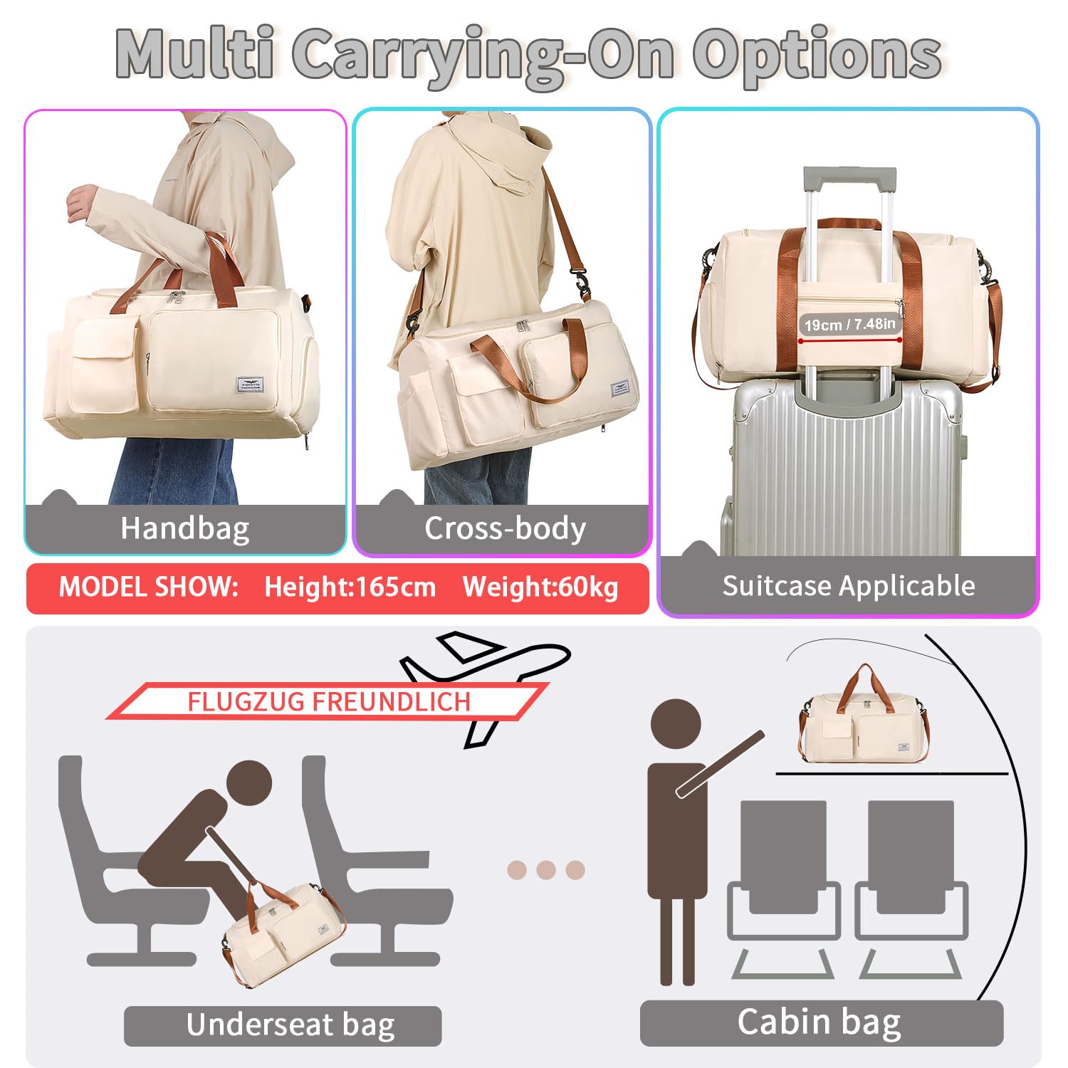 Borsone Palestra Borsone da Palestra Sportivo da Donna e Uomo con Scomparto per Scarpe, Borsone da Viaggio per il Fine Settimana, Borsone da Notte per Donna Marrone Beige