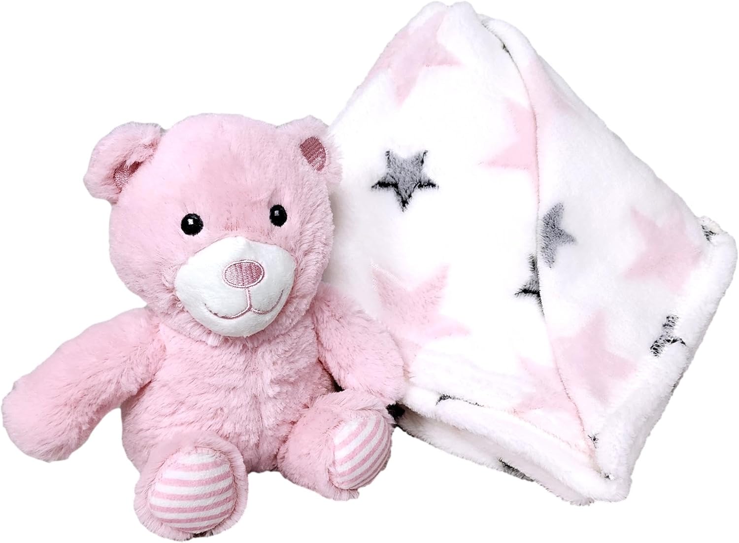 SONA G DESIGNS Personalized Baby Set Featuring a 9.5 inch Plush Toy Animal with a Coordinating 28-inch by 35-inch Baby Blanket Bear, Hippo, Bunny, or Elephant (Pink Bear Set)