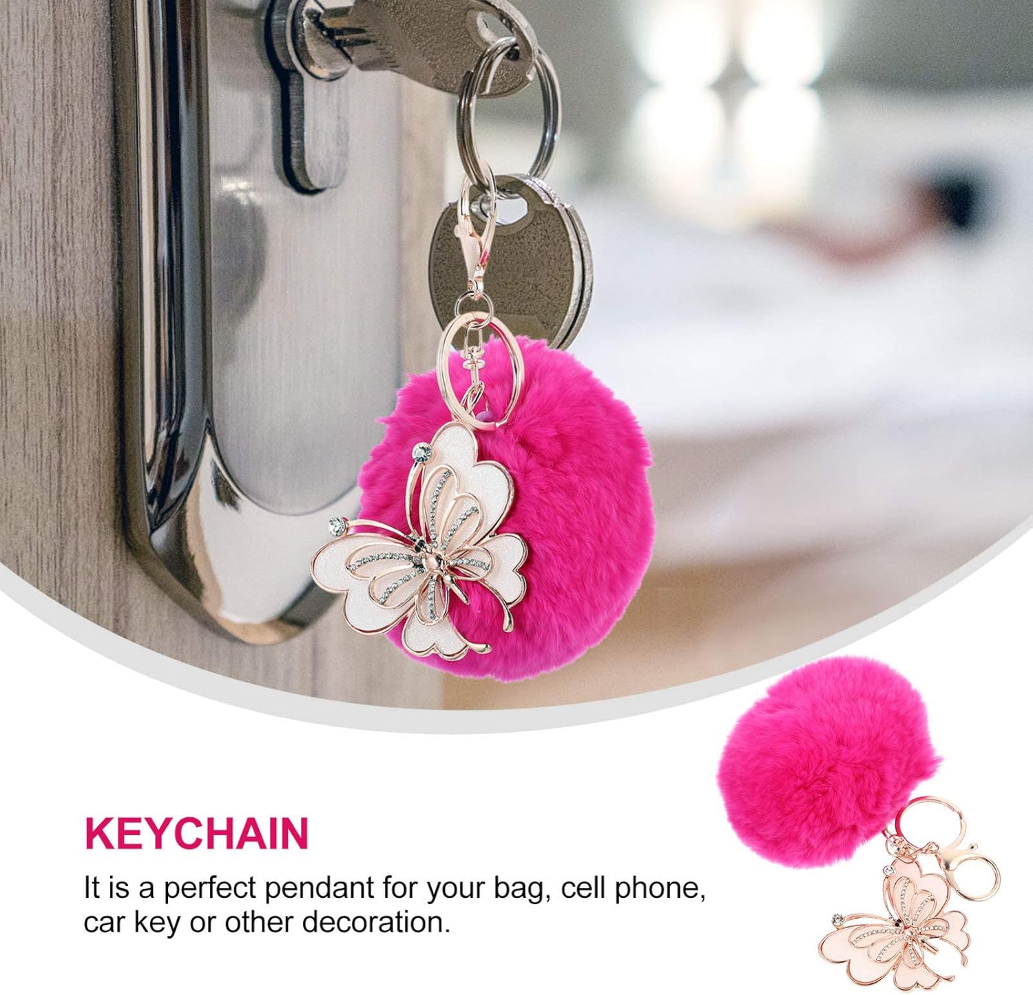 PRETYZOOM Fuzzy Keychain Ball Pendant Soft Fluffy Pom Pom Charm for Bags Cars Keys Handbag Accessories 4.72X3.14X3.14 Inches - Image 9