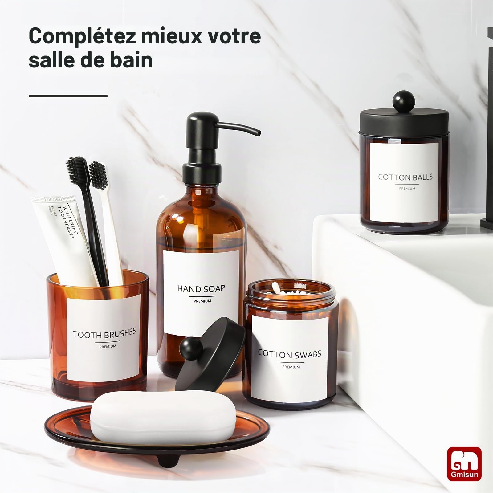 GMISUN Lot de 5 accessoires de salle de bain en verre ambré, distributeur de savon marron et porte-brosse à dents, comptoir d'évier avec étiquettes, décoration bain