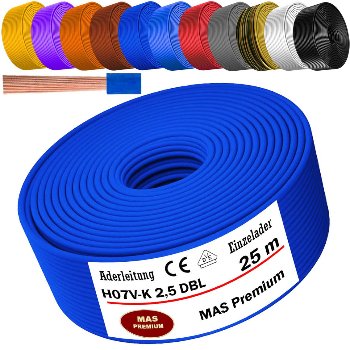 Câble conducteur H07 V-K 1 x 2,5 mm² bleu foncé flexible 5 m, 10 m, 20 m, 25 m, 30 m, 40 m, 50 m à 100 m (25 m)