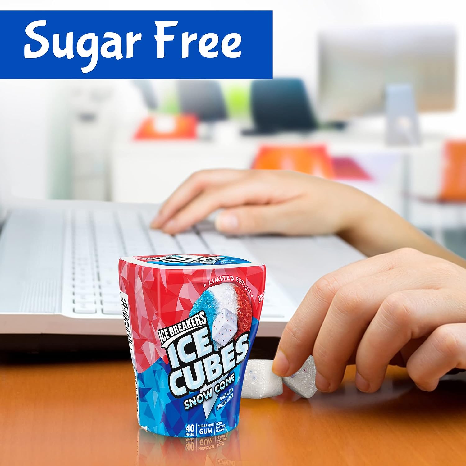 Ice Breakers Ice Cubes Gum - 4 Pack – Limited Edition Snow Cone Sugar Free Gum – Refreshingly Cool Cubed Sugarless Gum for School, Work, Home – 3.24-Ounces – 40 Count Bottle – 4 Packs of Flavored Snow Cone Gum