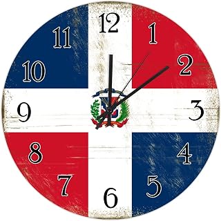 Dominican Republic Country Souvenir Wooden Wall Clock Dominican Republic Flag Clock Battery Silent 10inch Round Wall Clock Shabby Chic Retro National Flag Home Decorative Clocks for Living Room