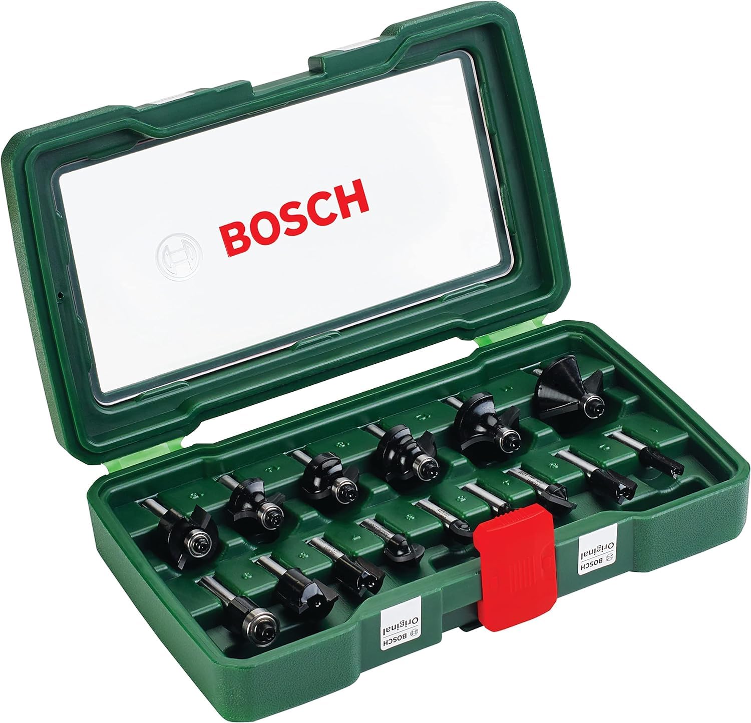 Bosch Home and Garden 060326C800 POF 1400 ACE - Fresatrice Verticale, 1400 W + Set da 15 Pezzi di frese in metallo duro, per legno, codolo da 1/4 pollice, accessorio per fresatrice verticale