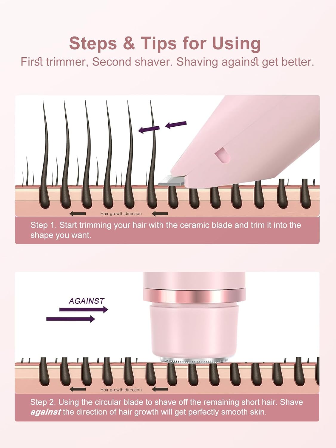 2 in 1 Bikini Trimmer for Women Dual Head Shaver Electric Razors Lady Pubic Hair, Ipx7 Waterproof Bikini Underarm Arm Leg Face Body Pink