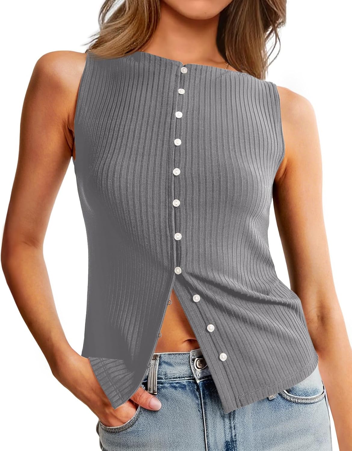 Tankaneo Womens Button Down Ribbed Tank Tops Cropped Cute Y2k Vest Tops Summer Going Out Outfits