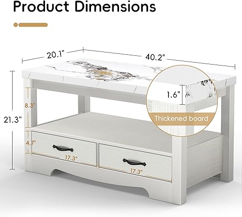 Miniatura 2 de Mesa auxiliar rectangular de madera de 40 pulgadas de mármol sintético de 2 niveles con cajones para sala de estar, sala de conferencias, parte
