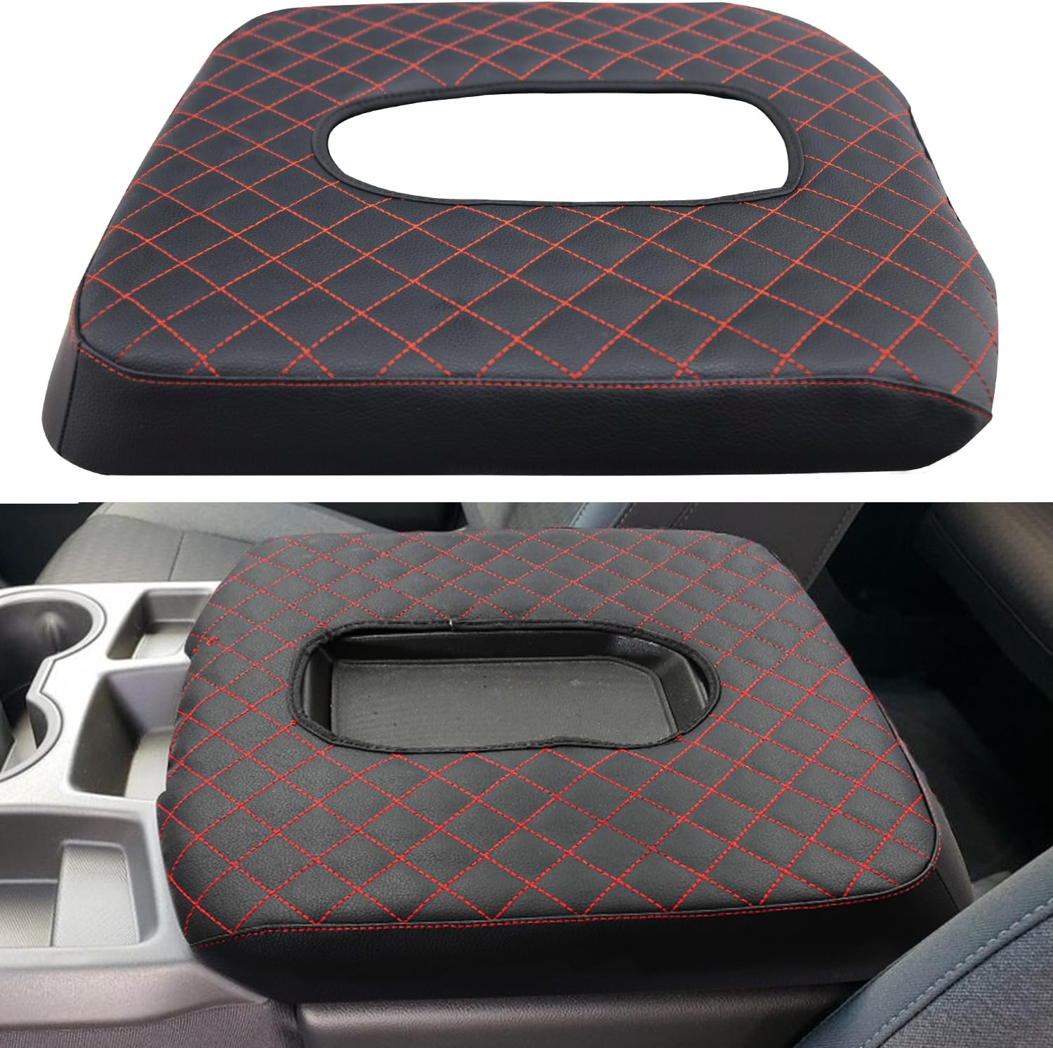 Center Console Armrest Cover for Chevy Silverado/GMC Sierra Accessories 2019-2024 2025 Arm Rest Box Pad Middle Console Lid Cushion Leather Protective Case Only for Jump Seat (Black Stitches)