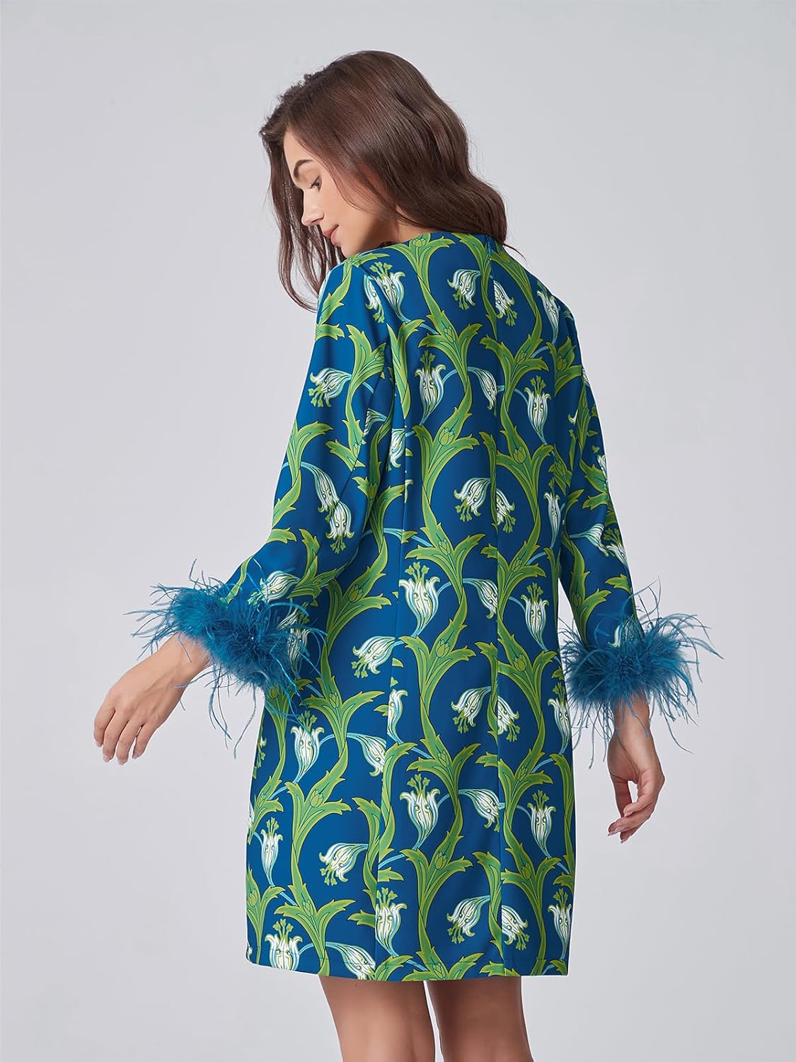 D-Sun Women Feather Dress Round Neck Casual 3/4 Feather Sleeves Party Dress Elegant Wedding Guest Cocktail Mini Dresses - Image 2