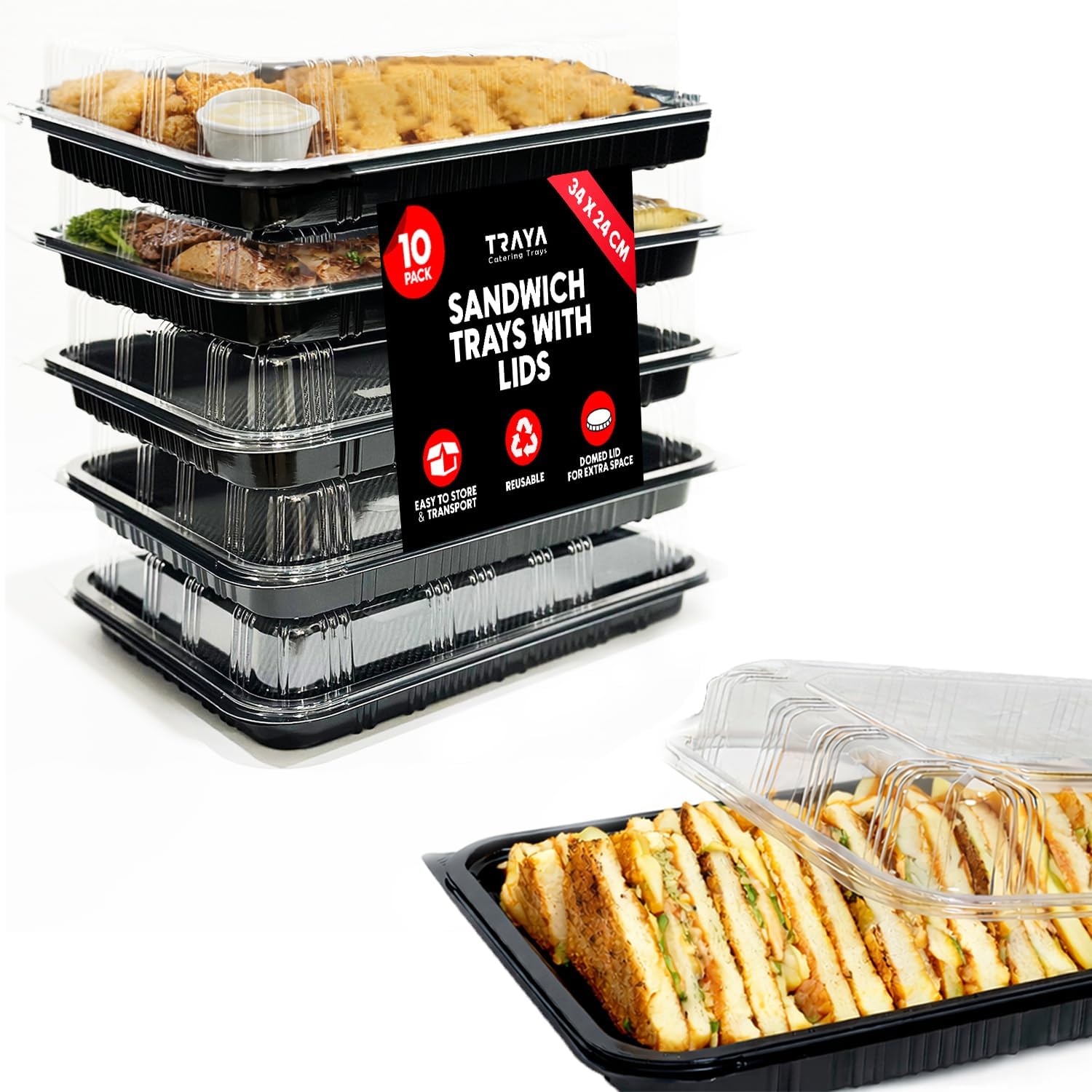 TRAYA Pack of 10 Sandwich Platter Trays With lids - Plastic Catering Trays With Lids for Meal Prep, Cakes, Treats and Sandwiches (34cm x 24cm x 7cm).