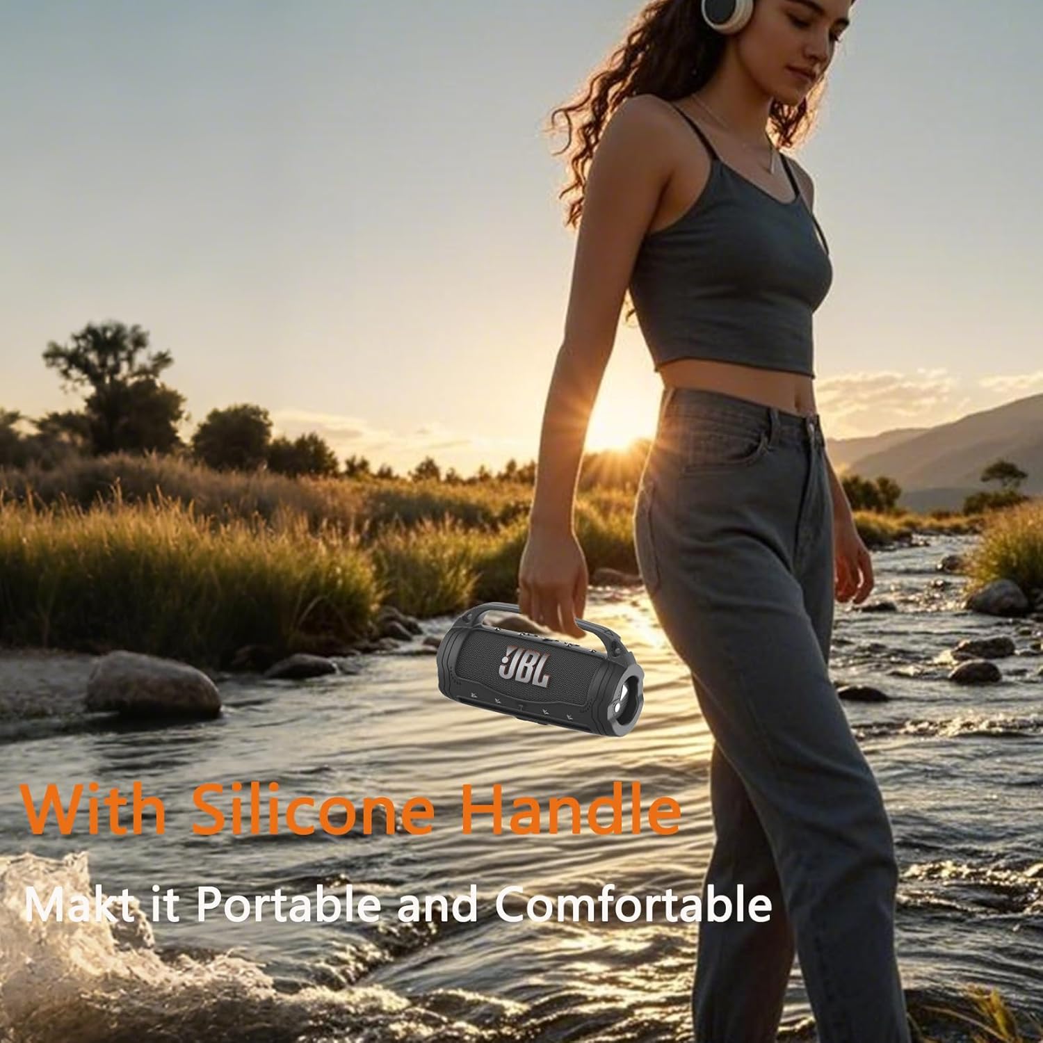 Silicone Cover Case for JBL Flip 7 Portable Bluetooth Speaker Accessories, Flip 7 Speaker Protective Case with Silicone Handle and Shoulder Strap (Black) - Image 4