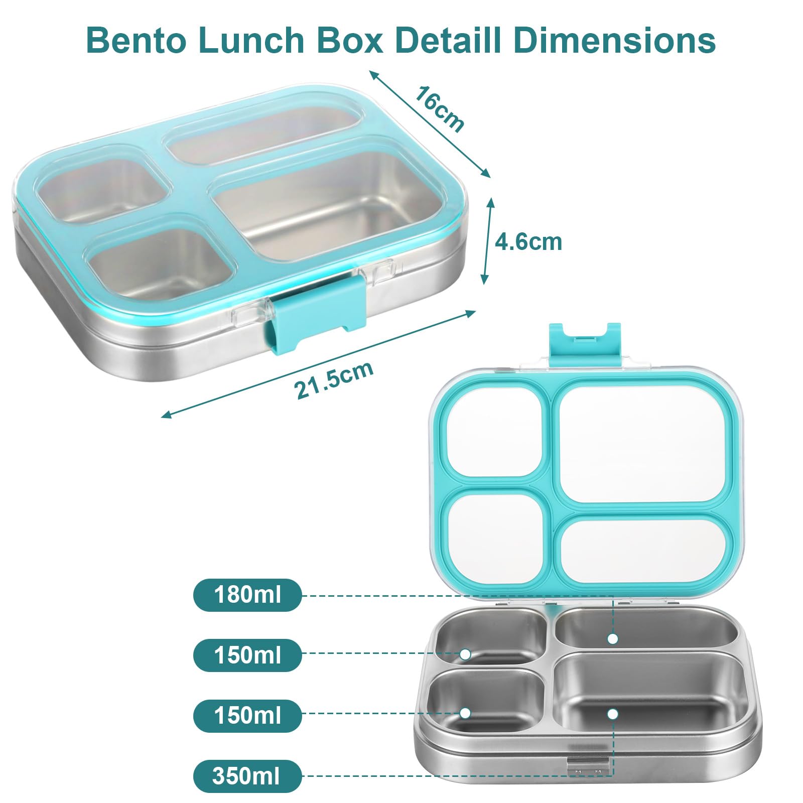 Cozary Boîte à Déjeuner en Acier Inoxydable, 800ml, avec 4 Compartiments, sans BPA, Portable, Passe au Lave-Vaisselle, pour l'École, Le Bureau, les Déplacements, Bleu