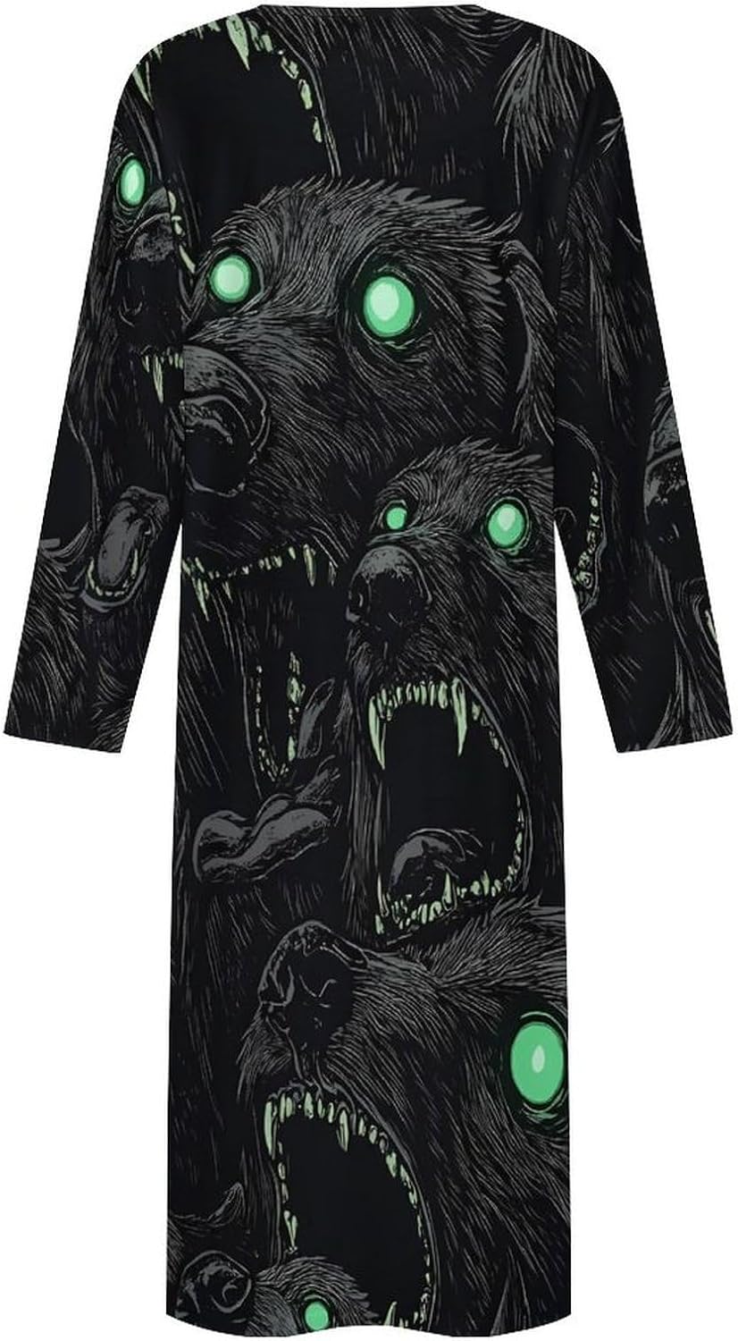 Crazy Black Dogs with Glowing Eyes Men's Kaftan Thobe V-Neck Robe Long Sleeve Gown Thobe for Home Outings