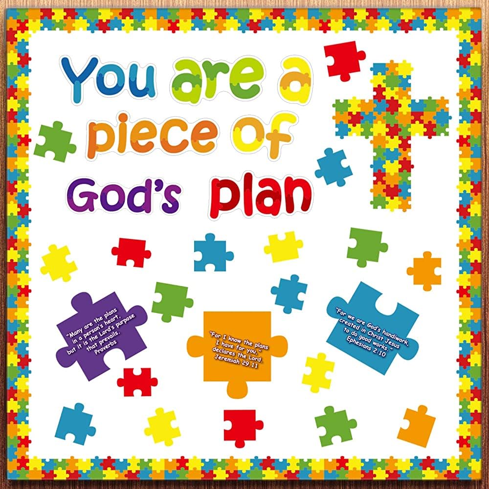 Christian Bulletin Board Piece of Gods Plan VBS 2025 Sunday School Decorations Kid’s Religious Bible Verse Vacation Classroom Cutouts for Christmas Bulletin Board Decorations