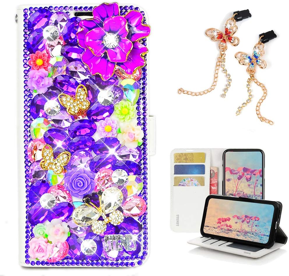 STENES Bling Wallet Phone Case Compatible with iPhone 11 - Stylish - 3D Handmade Rose Butterfly Flowers Floral Leather Cover with Bling Butterfly Dust Plugs [2 Pack] - Purple