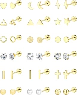 18 Pairs Surgical Stainless Steel Stud Earrings For Women Men 20G Cartilage Earrings Studs Cross Moon Star Small Stud Earrings Black Gold Screw Flat Back Earrings Ear Piercing Studs Set
