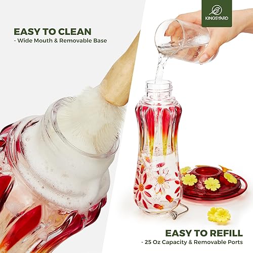Vista 5 de Kingsyard Comedero para colibríes para colgar al aire libre, 25 onzas, alimentador de néctar de vidrio para colibríes con foso de hormigas y 6 Rojo