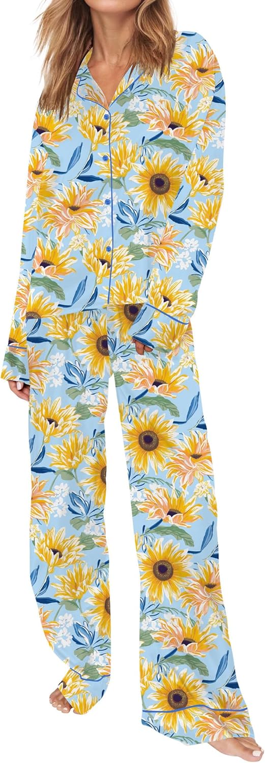 SHESHOW Satin Pajamas for Women Set Long Sleeve Button Down Animal Print Pjs Sets 2 Piece Loungewear Sleepwear XS-XXL