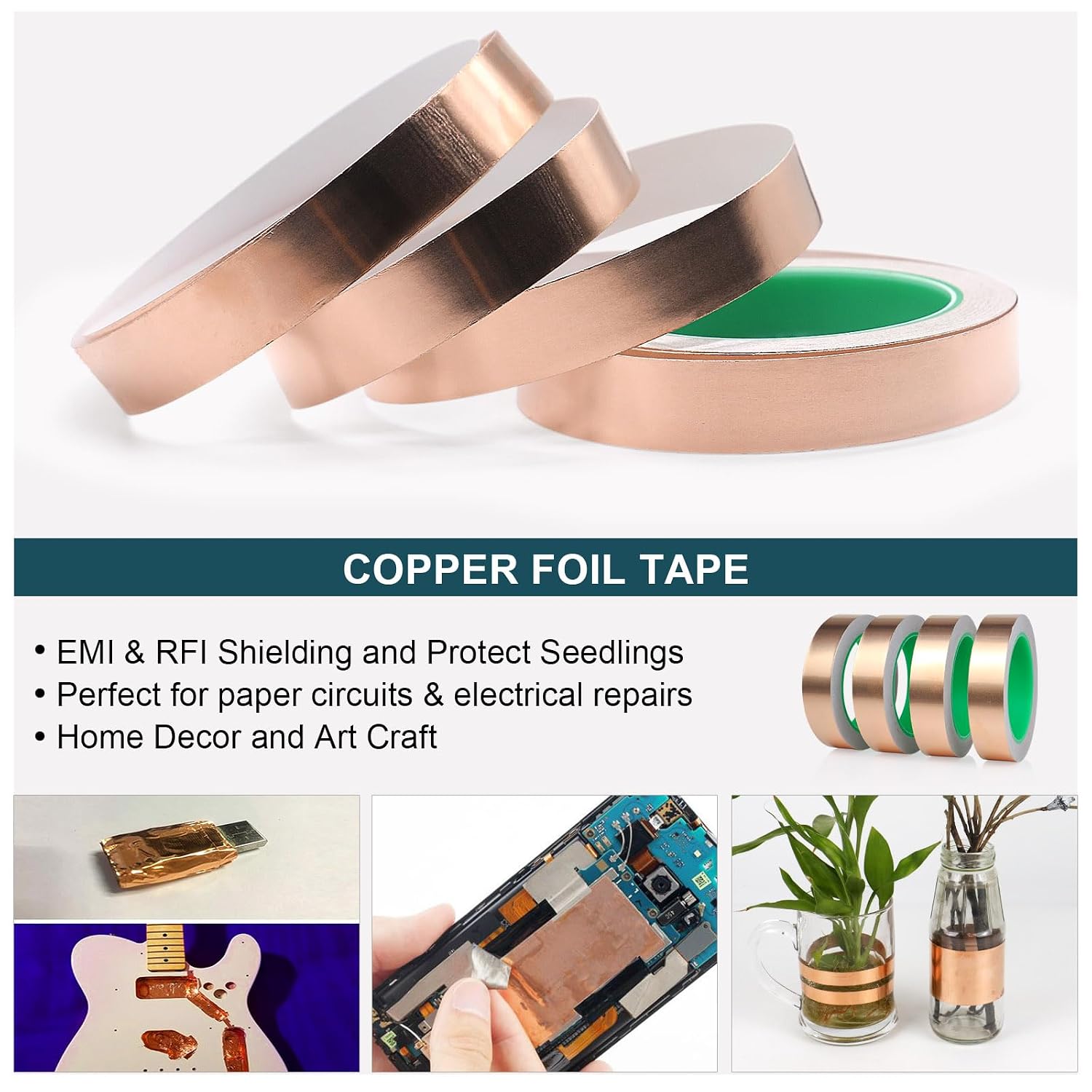 BOMEI PACK Copper Foil Tape 4 Pack 1.97mil x 1inch x 66ft with Conductive Adhesive for Guitar and Crafts, Soldering, Stained Glass, Electrical Repairs, Grounding