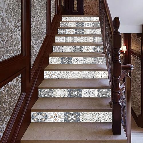 14 calcomanías autoadhesivas estilo mandala, calcomanías de vinilo para escaleras de 39.37 x 7.09 pulgadas, calcomanías de vinilo para escaleras,