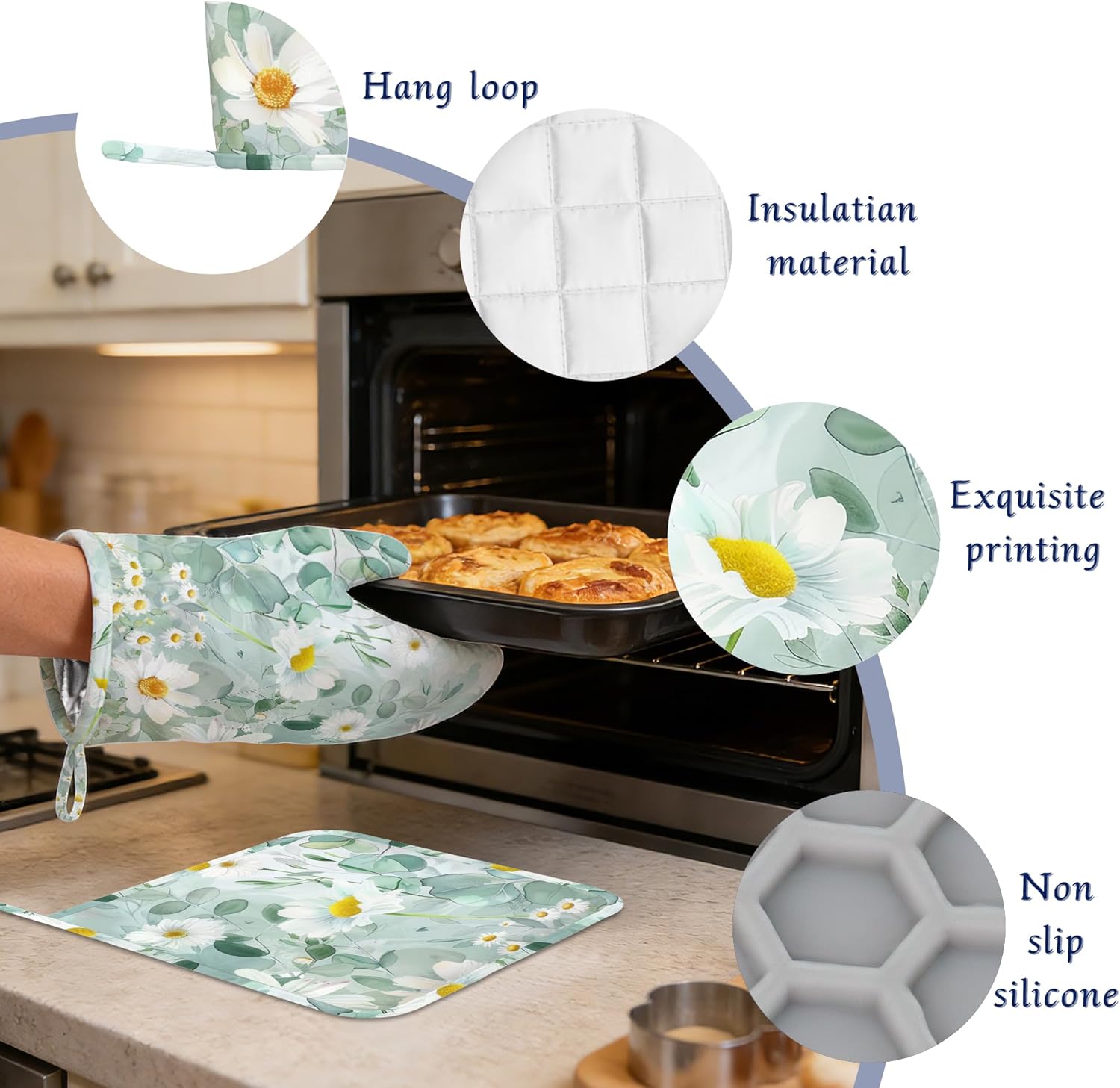 Eucalyptus Daisy Pot Holders and Oven Mitts Set Silicone Watercolor Wildflowers Kitchen Gloves Potholders Heat Resistant Washable,Chef Cooking Baking Gifts for Women Men Bakers Lover Cooks