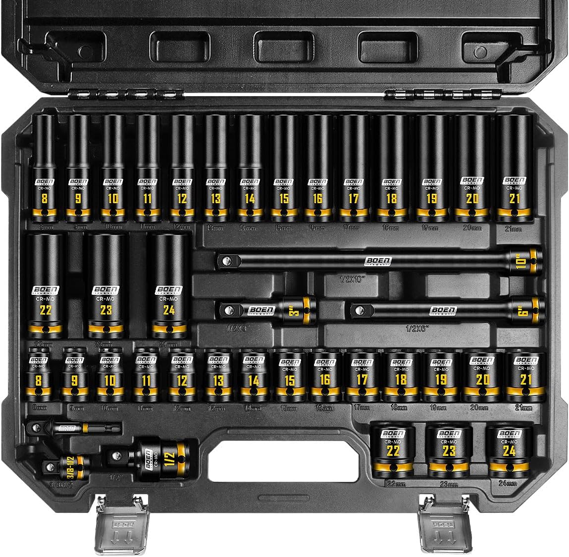 BOEN 40-Pieces 1/2" Drive Impact Socket Set, Metric (8-24mm) Deep & Shallow Socket, 6-Point Design, Yellow Embossed Marking, CR-MO Steel