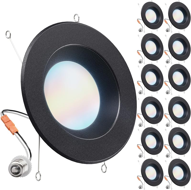 Sunco 12 Pack 6 Inch Black Retrofit LED Recessed Lights, 5CCT, 13W=120W | 965LM, Selectable CCT 2700K/3000K/3500K/4000K/5000K, Black Baffle Trim, Dimmable Retrofit LED Downlight for Recessed Cans