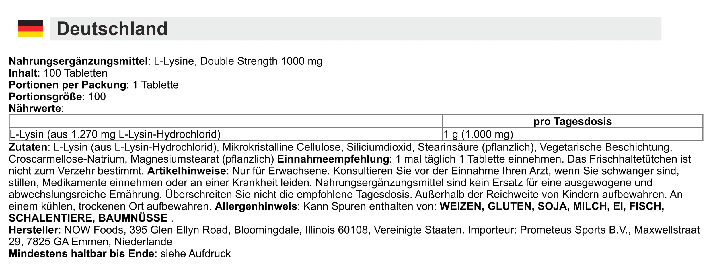 Now Foods, L-Lysine, Doppelte Stärke, 1.000 mg, 100 vegane Tabletten, Aminosäure