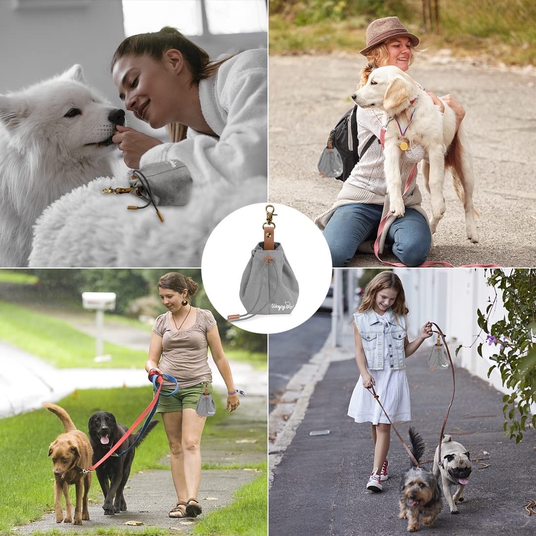 Sacchetto per cani in tela con clip e corda, per addestramento del cane (grigio)