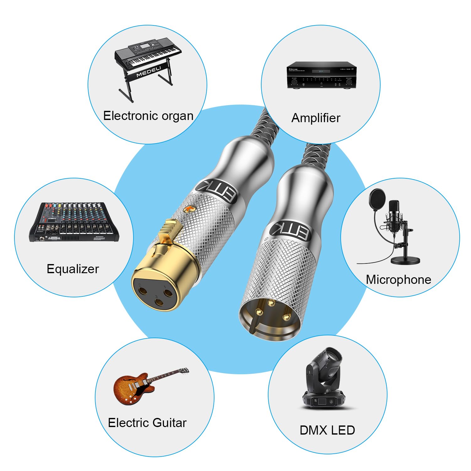 EMK Cable de micrófono XLR macho a XLR hembra de 3 pines, cable de altavoz balanceador para consola mezcladora, cable de preamplificador de micrófono ecualizador (5 m, XLR macho a hembra, plateado)