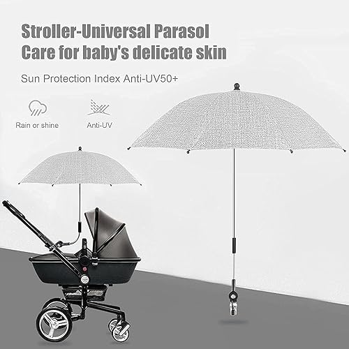 Miniatura 8 de Sombrilla para cochecito de bebé, paraguas universal con abrazadera, protección UV ajustable de 360 grados, sombrilla impermeable para carrito,