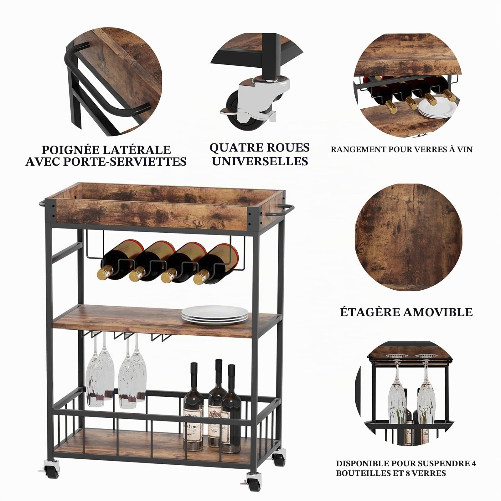 Huhote Chariot de service, chariot de cuisine, chariot de bar avec roulettes, chariot à vin avec porte-bouteille, 3 étages, chariot à boissons pour salon, salle à manger, cuisine, bar, fête, marron
