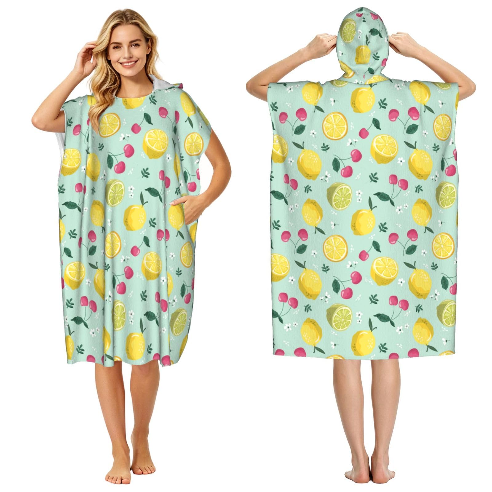 Poadnly Lemon Cherry Fruit, Adult Hooded Beach Towel 90 x 110 cm,Changing Bath Robe, Surf Poncho Towel For Women Men