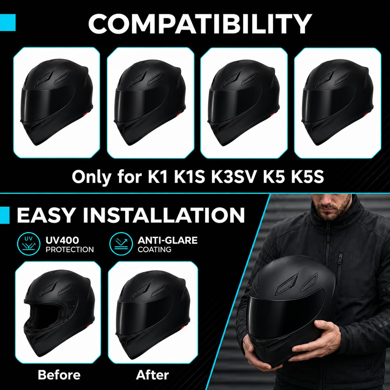 PSLER Visiera per casco K1s, Visiera per casco K1, Visiera tintata K3SV, Scudo facciale di sostituzione per i modelli K1, K1s, K3SV e K5 (Fumo Scuro)