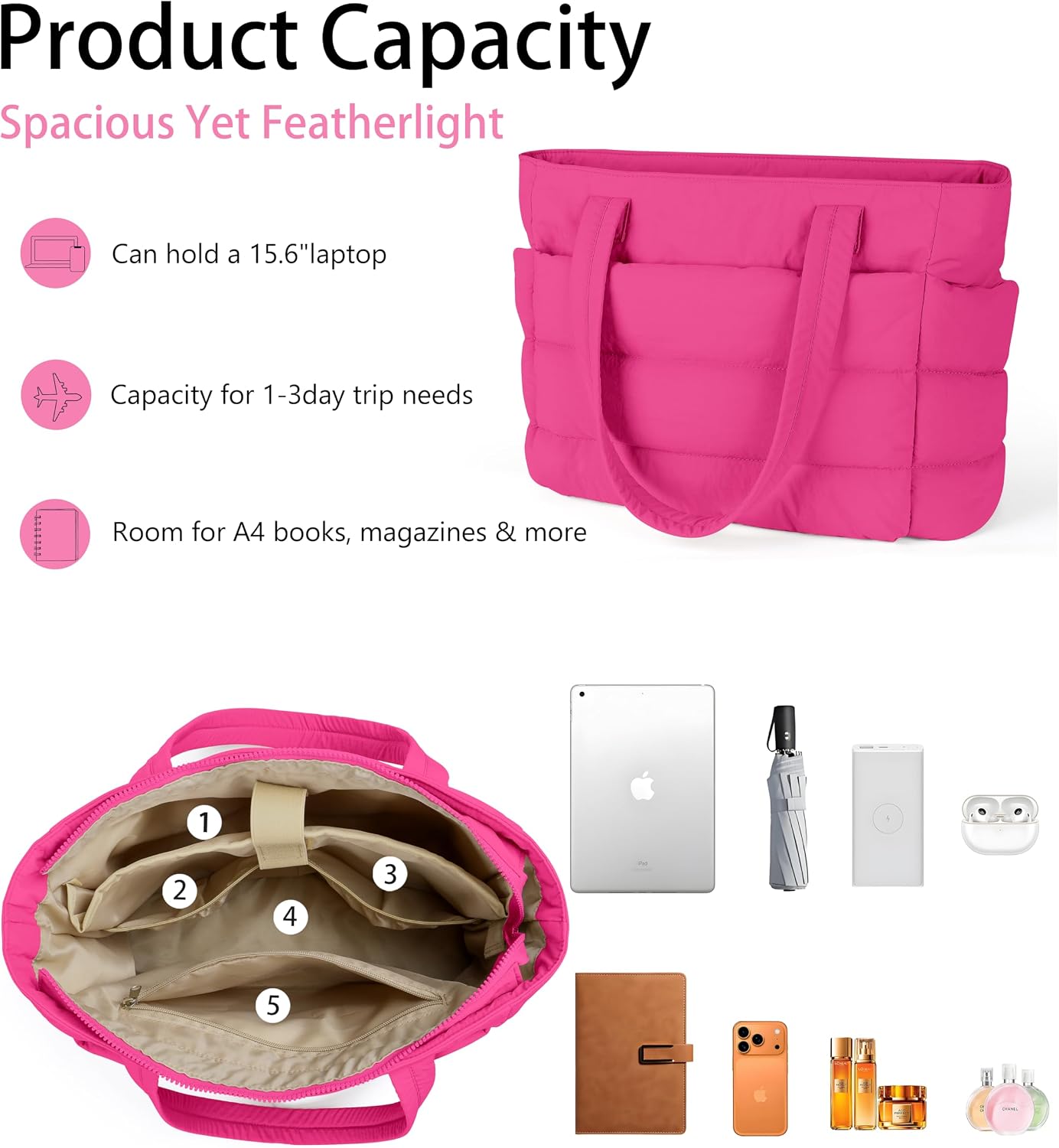 Tote Bag for Women, Lightweight Puffy Quilted Shoulder Bag with Multiple Compartments, Travel Work Gym, Everyday Tote | Lightweight