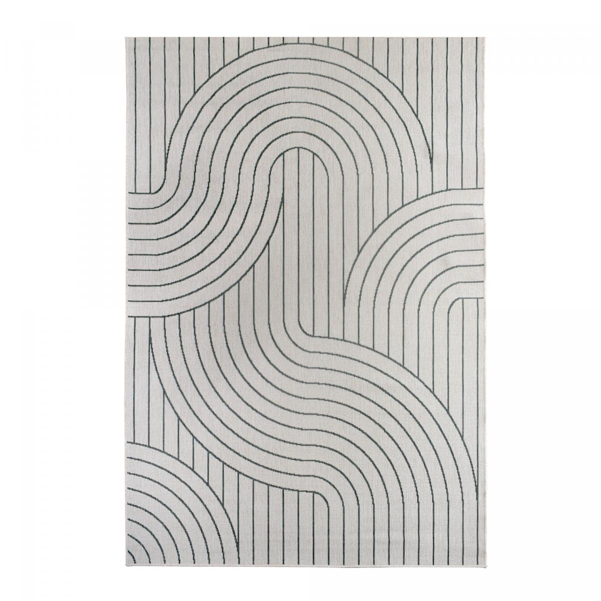 Tapis Exterieur, 200 X 290 Cm, Polypropylène, Motif Géométrique Ondulé, Vert, Écru, Style Kilim Tissé en Belgique, Terrasse Jardin Grand Salon, 12058
