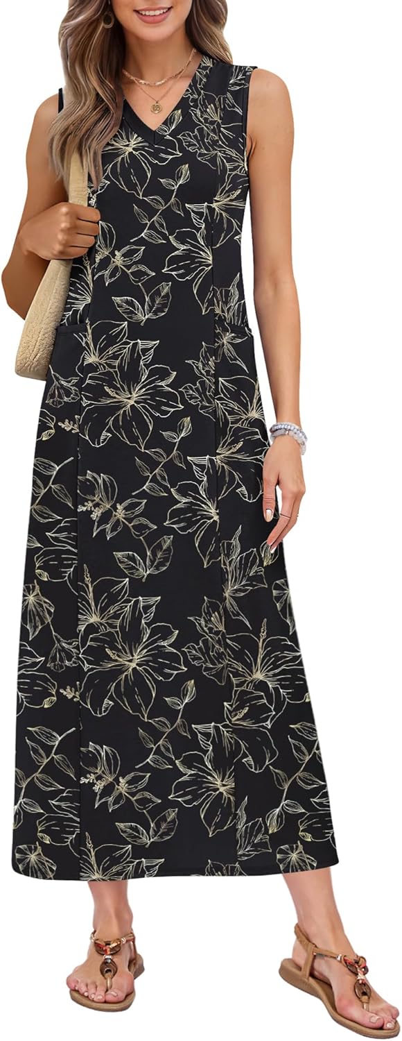 MISFAY Women Summer Maxi Dresses 2026 Casual V Neck Wrinkle-Free Long Sundress Slit Shirt Dress Vacation Outfits with Pockets