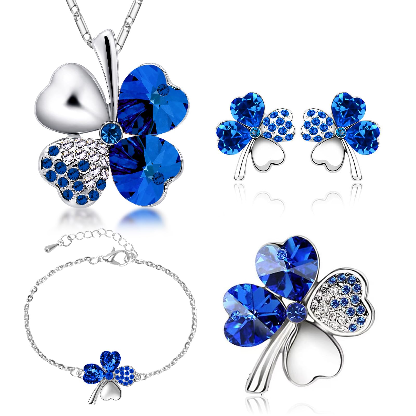 SwirlColor Colgante Trebol Brazalete de Trébol de Cuatro Hojas Pendientes de Trébol de Lucky Clover Broche de la Novedad, Juego de Joyas de Trébol para Madres, Mujeres, Novias, Mujeres, Hijas, 4pcs / Set