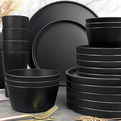 Miniatura 8 de Teivio Juego de vajilla de paja de trigo de 24 piezas, servicio para 6, platos llanos, platos de postre, cuencos para cereales, vasos, platos de